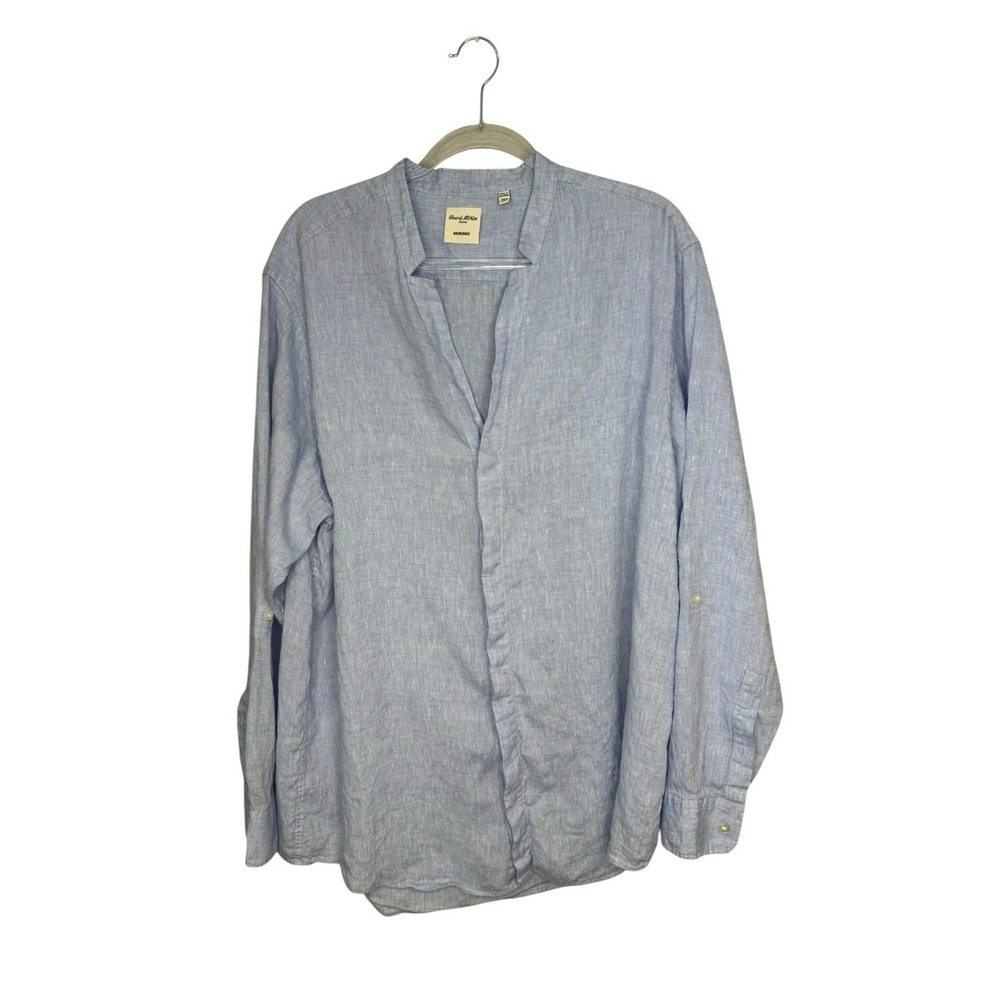 Baird Mcnutt Murano Linen Shirt Men's XXL Tall Band Collar V- Neck Blue Coastal